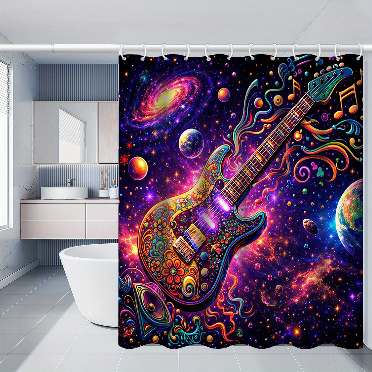 Psychedelic Guitar Shower Curtain, Colorful Galaxy Space Print Bath Screen, Waterproof Polyester Fabric Music Bathroom Decor