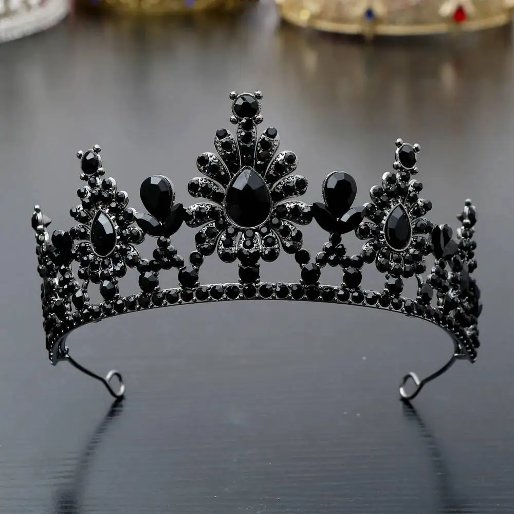 

1 шт., темная серия, королевские свадебные черные диадемы в стиле барокко из сплава и корона с хрустальными акцентами, свадебная корона для невесты, подружки невесты