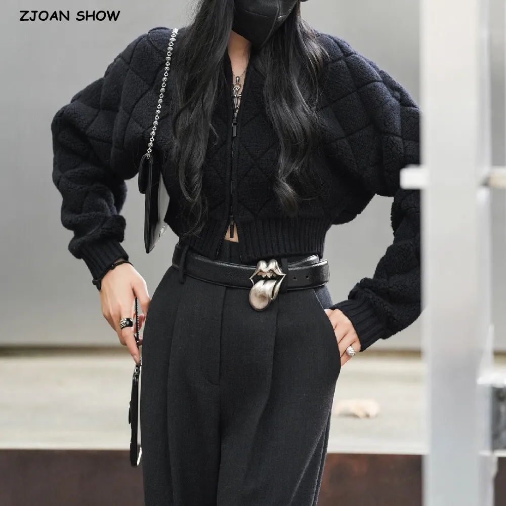 2024 Women Dark Gray Curly Shaggy Knitting Crop Cardigan Women Round collar Zipper Sweater Full Bat sleeve Short Jumper