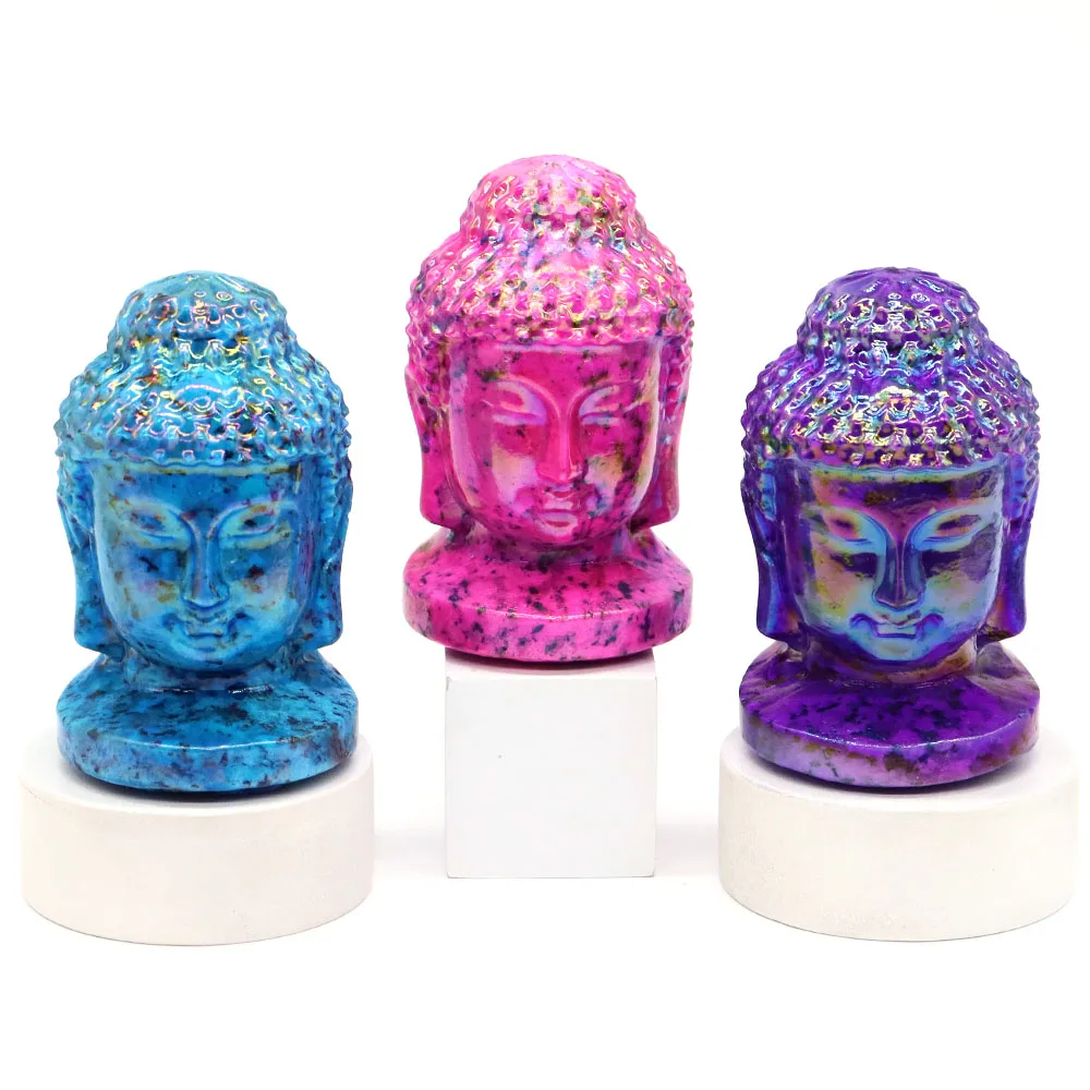 69mm Crystal Buddha Head Electroplating Natural Healing Stone Curb Carved Gemstone Feng Shui Lucky Statue Crafts Home Decor Gift