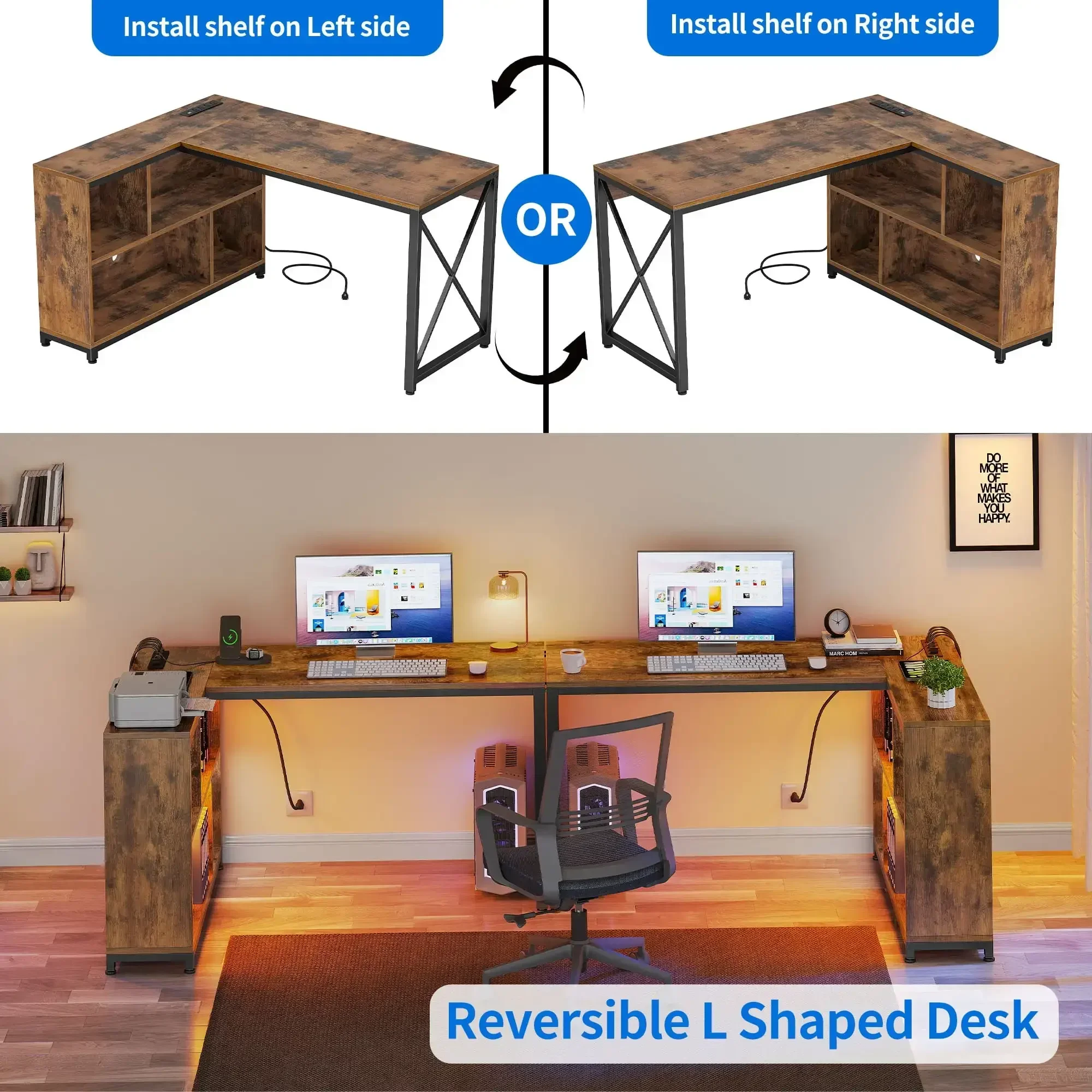 L Shaped Desk with LED Light & Power Outlets,Computer Desk Office Desk for Home Office, Brown