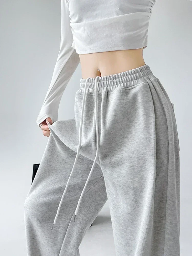 الخريف الشتاء السراويل الرياضية النساء الأمريكية الرجعية عالية الخصر مستقيم Sweatpants عادية فضفاض مرونة الخصر الرباط السراويل الرمادية