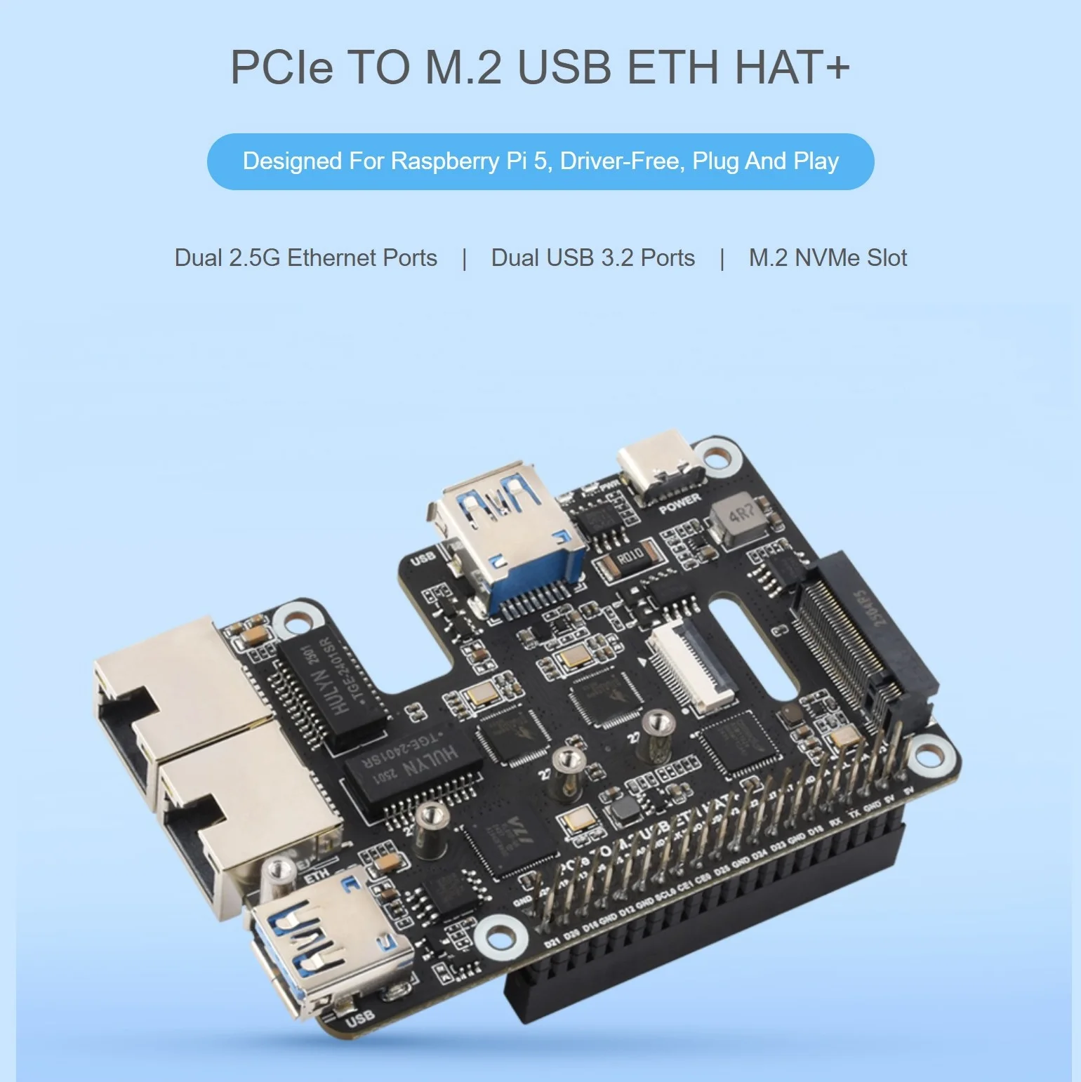 PCIe To USB 3.2 Gen1 / 2.5G ETH / M.2 NVMe Adapter For Raspberry Pi 5 Supports NVMe Protocol M.2 Solid State Drive view 3