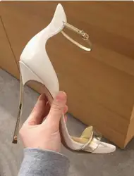 Summer Women White Red Black Leather 6 8 10 CM Metal Blade Heels One Line Ankle Buckle Sandals High Heel Banquet Dress Shoes