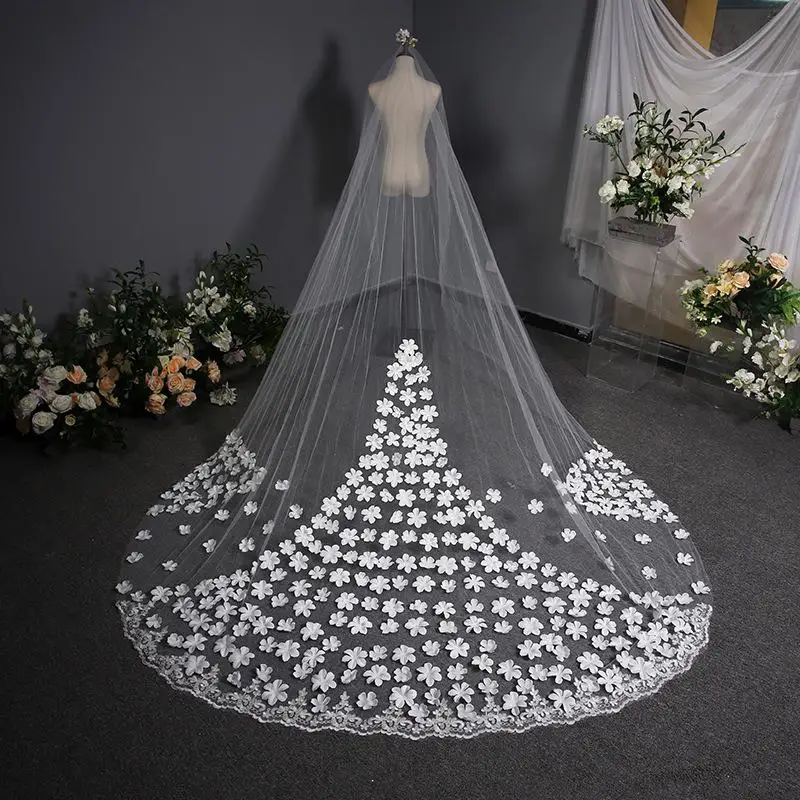 Cathedral Bridal Veils Luxury Long Trailing Lace Veil 3.8m Appliques Beaded Fairy Net Yarn Wedding Veils Korean Style  New