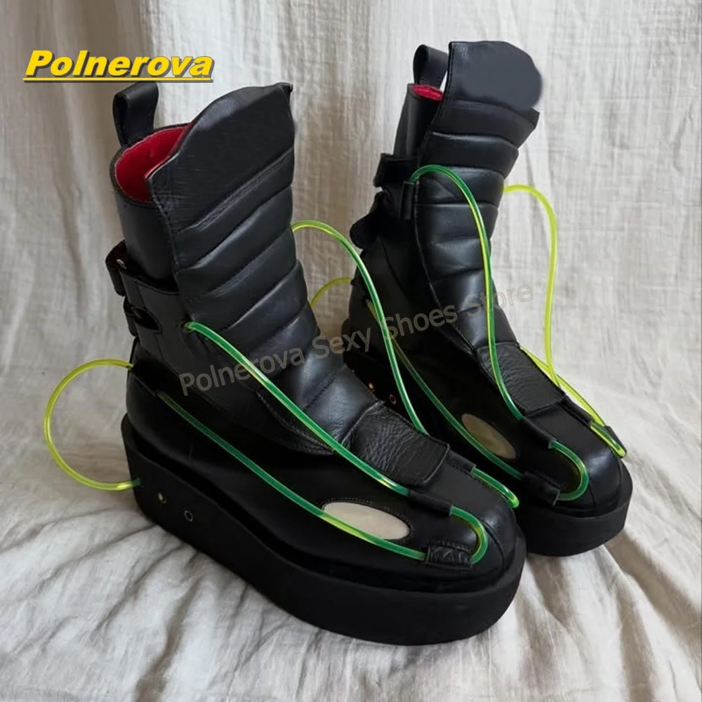 Futuristische schwarze Plateau-Stiefel mit grünem Rohrdekor, Cut-Out-Schnallenriemen, Cyberpunk Streetwear Fashion Schuhe, neuer Stil 2026