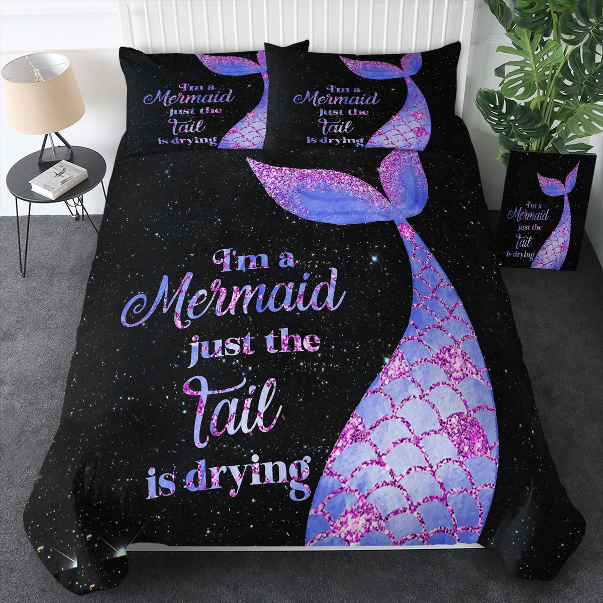 

3 Piece Purple Mermaid Tail and Sparkling Powder Printed Bedding Set Comfortable Duvet Cover Set For Kids and Adults Home Decor