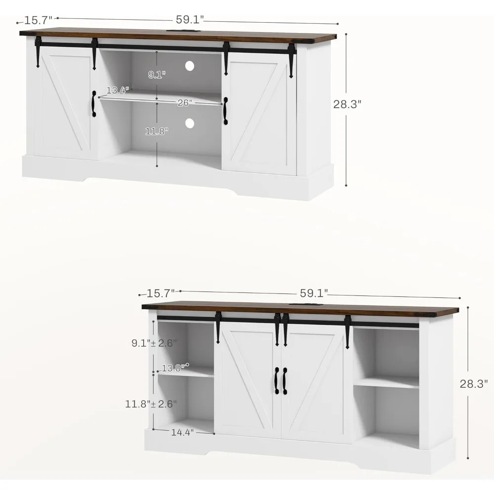 Mueble para TV para televisores de hasta 65 pulgadas, centro de entretenimiento con estación de carga, mesa consola para TV multimedia de granja de 59" con S