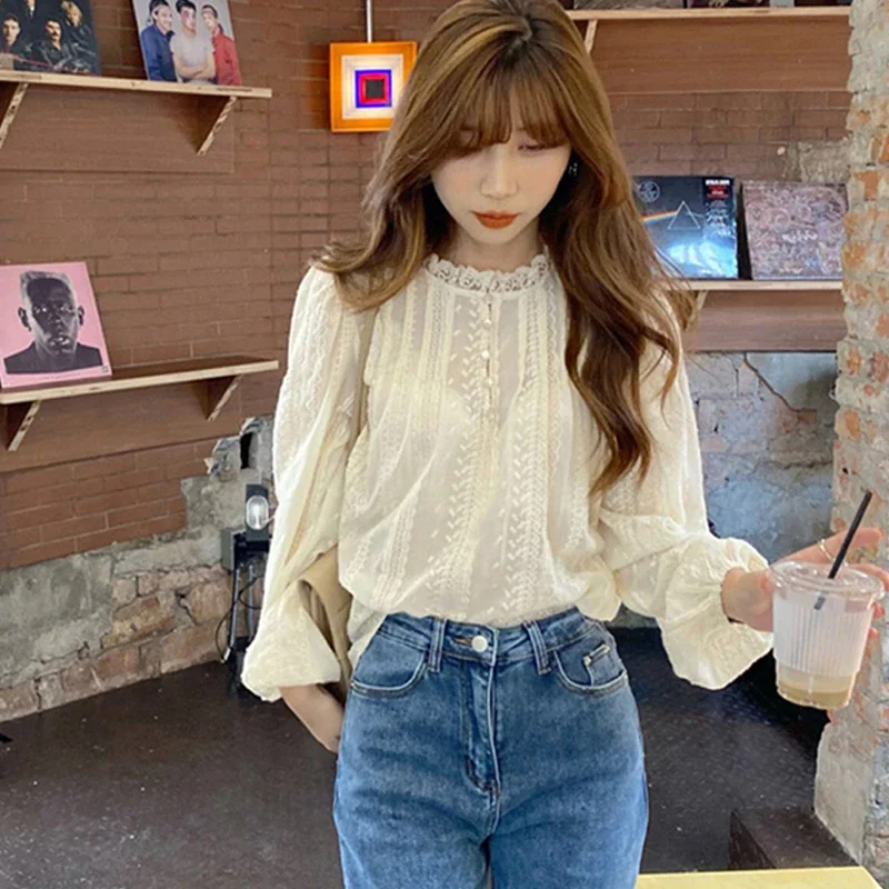 2024 Spring O-neck Elegant Blouse Puff Sleeve Sweet Women\'s Shirt Fashion New Lace Long Sleeve Tops