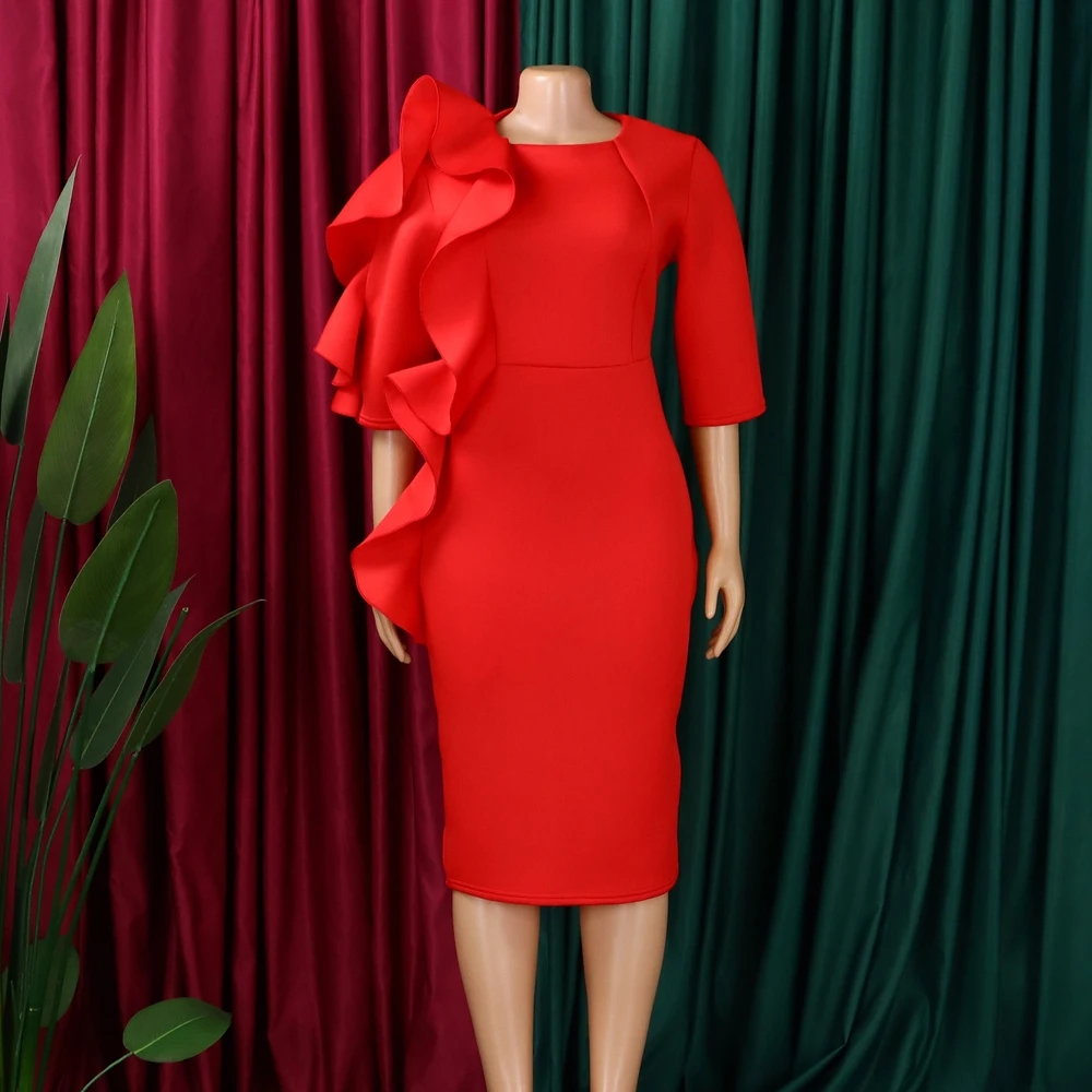 Neueste trendige Design Frühling Kleider Frauen Casual Dame elegante O-Ausschnitt 3-Viertel-Ärmel Rüschen afrikanisches Kleid für Frauen Kleidung – Detail 5