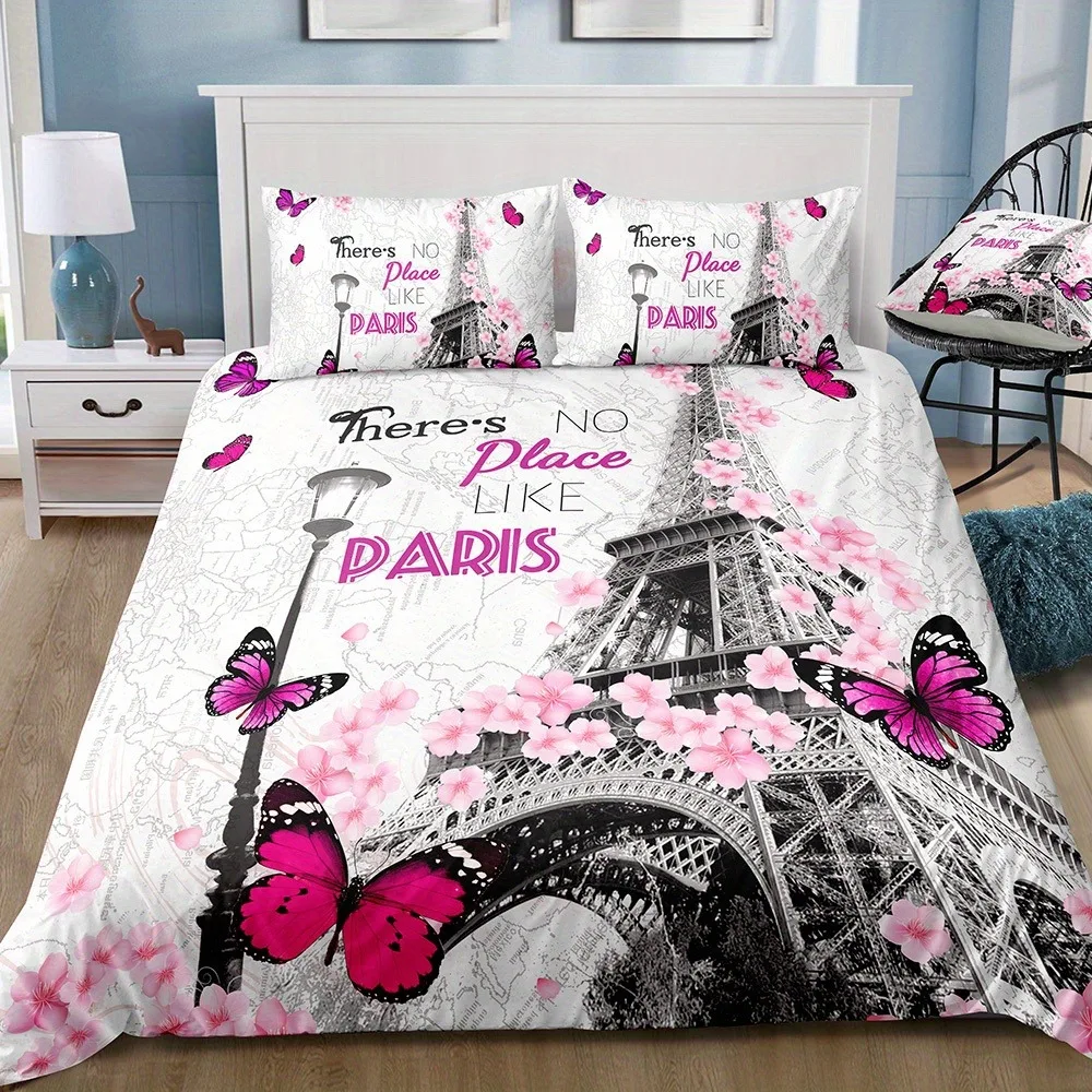 

3pcs Pink Bedding Set Paris Eiffel Tower Print Cozy Duvet Cover Set King Queen Twin Single Size Birthday Gift Girl Bedroom Decor