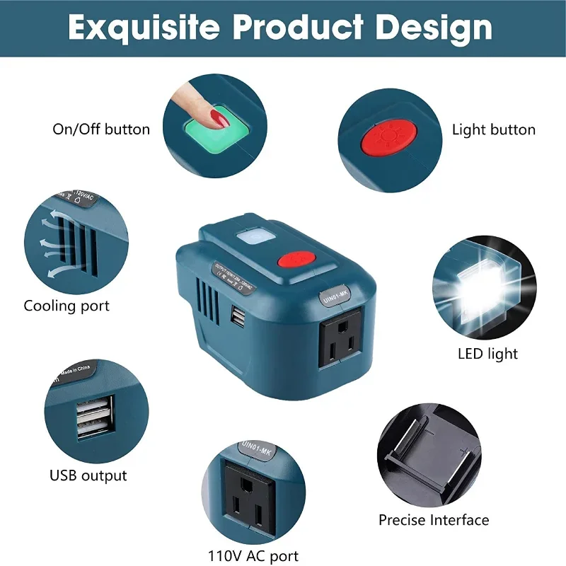 Enchufe de la UE/EE. UU. Para generador inversor de batería de litio Makita de 18V, fuente de alimentación portátil, Adaptador USB Con luz LED para Makita BL1850