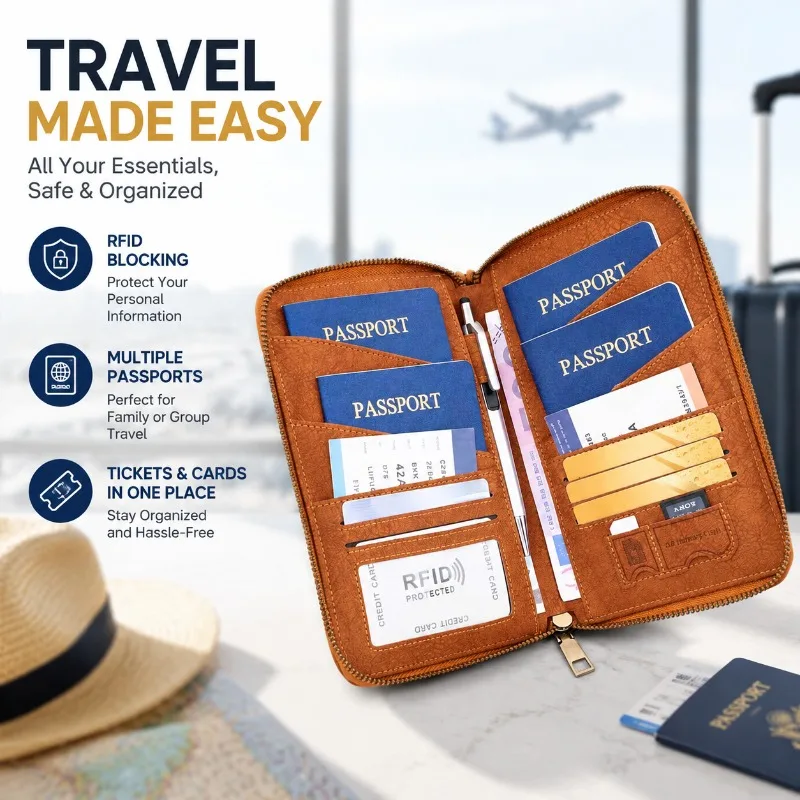 Porte-passeport anti-RFID avec fermeture éclair longue et compartiment pour billets, pour plusieurs passeports