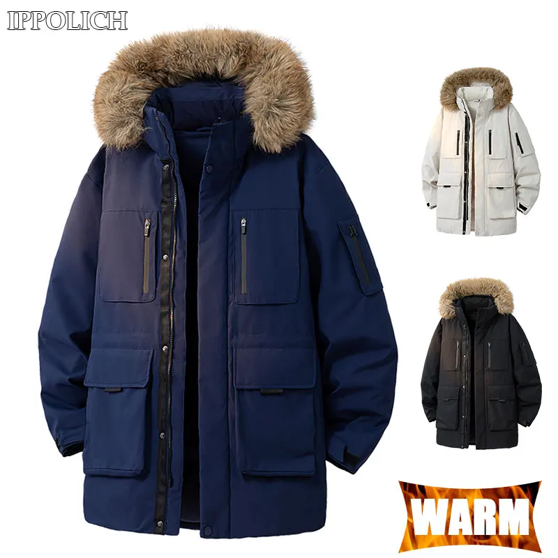 Winter Warm Jacket Windproof Warmth Fur Collar Cargo Warm Hooded Jacket Running Hiking Sports Couples Outdoor Casual Warm Jacket