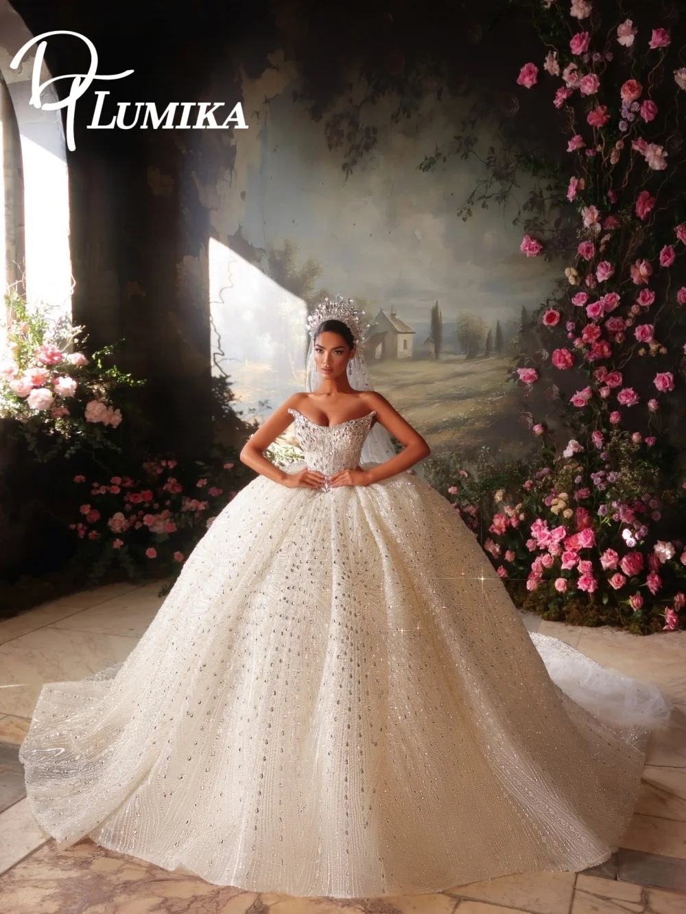 Regal Wedding Dress 2026 Sweetheart Neck Crystal Beaded Sparkly Glitter Tulle Floor Length Bridal Gown  Vestidos De Novia