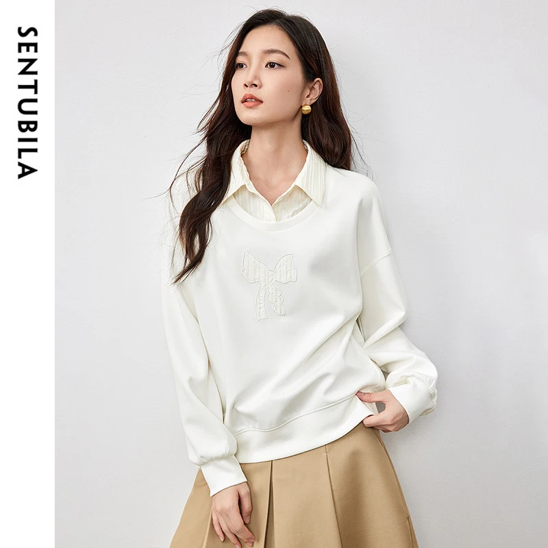 SENTUBILA Bow Embroidery Womens Sweatshirt 2025 Spring Cotton Loose Casual Patchwork Shirt Collar Long Sleeve Pullover 151A58760