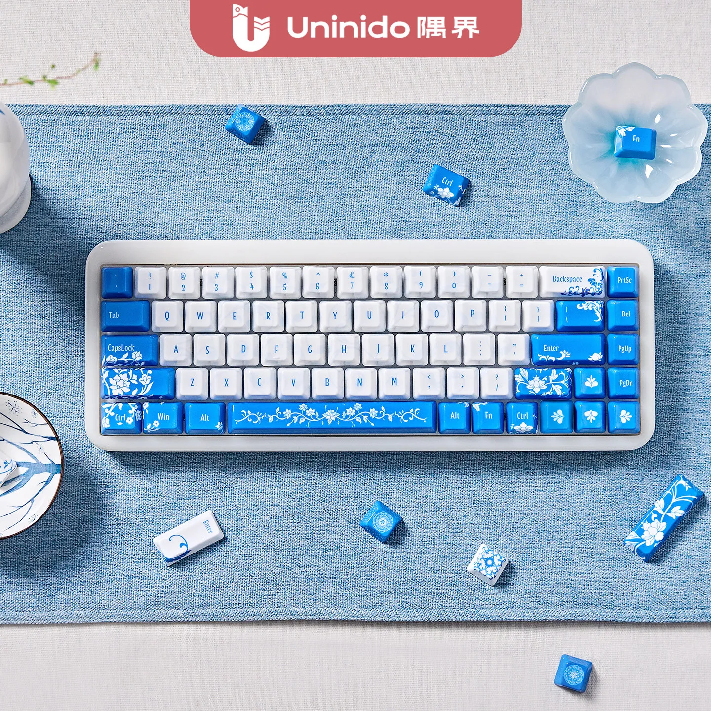 Uninido Blue And White Porcelain Ceramic Keycaps Full Set Smooth Glaze Cherry Profile For Mechanical Keyboard Artisan Keycap
