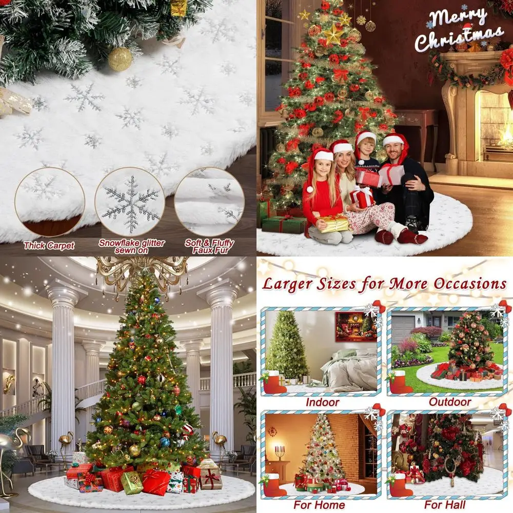 

Extra Large White Faux Fur Christmas Tree Skirt, 7-15ft Tree, Soft Plush Mat with Silver Sequin Snowflakes, Reusable Xmas Tree D