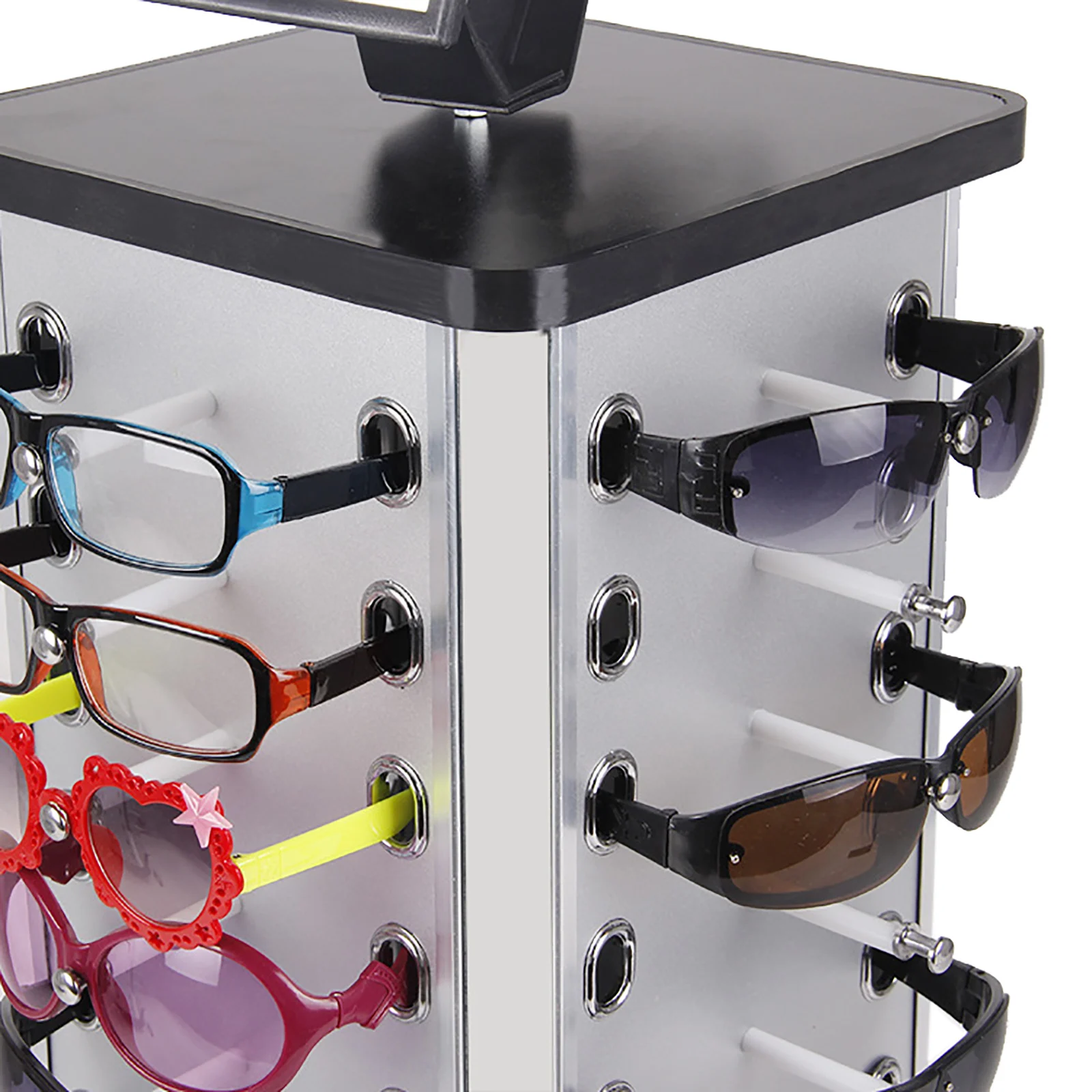 360-Degree Eyeglasses Display Stand with Sturdy Wood Base Aluminum Sides and Plastic Holders for Organized Eyewear Display