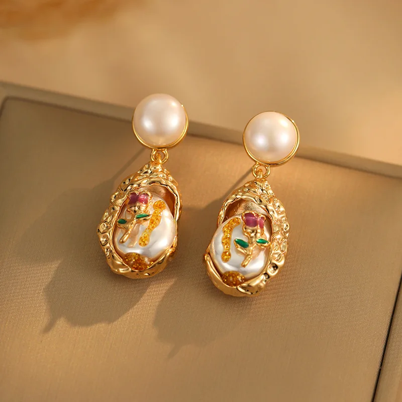 

Minar High Quality Baroque Freshwater Pearl Enamel Rose Flower Hanging Dangle Earrings for Women 18K Real Gold Plated Brass