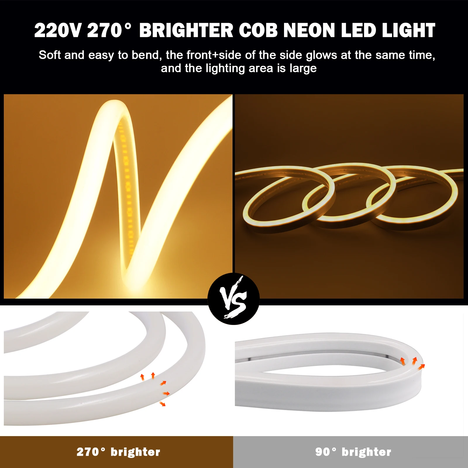 270°Bright COB LED Strip 220V 288LEDs Flexble LED Strip Light Waterpoof LED Ribbon Rope COB Lights High Density Liear Light