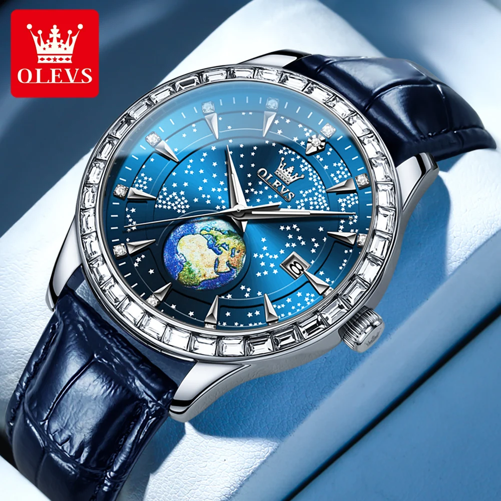 OLEVS Quartz Men's Watch Luxury Starry Sky Globe Diamond Dial Blue Leather Wristwatch Stainless steel Quartz Watch for Man New