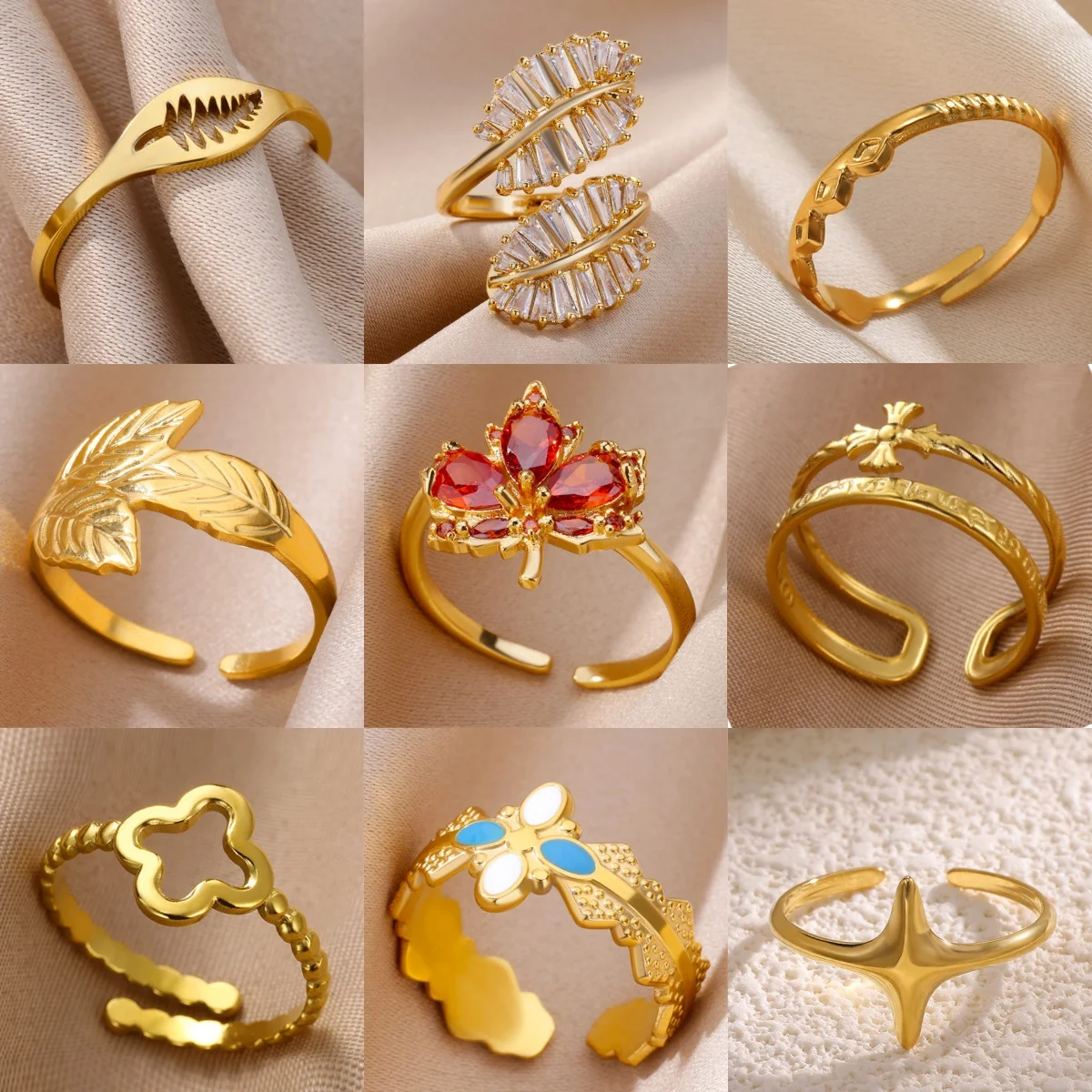Goldfarbene Edelstahlringe mit zarten Blättern für Damen, modischer, eleganter, vielseitiger breiter Fingerring, Schmuck für den täglichen Gebrauch