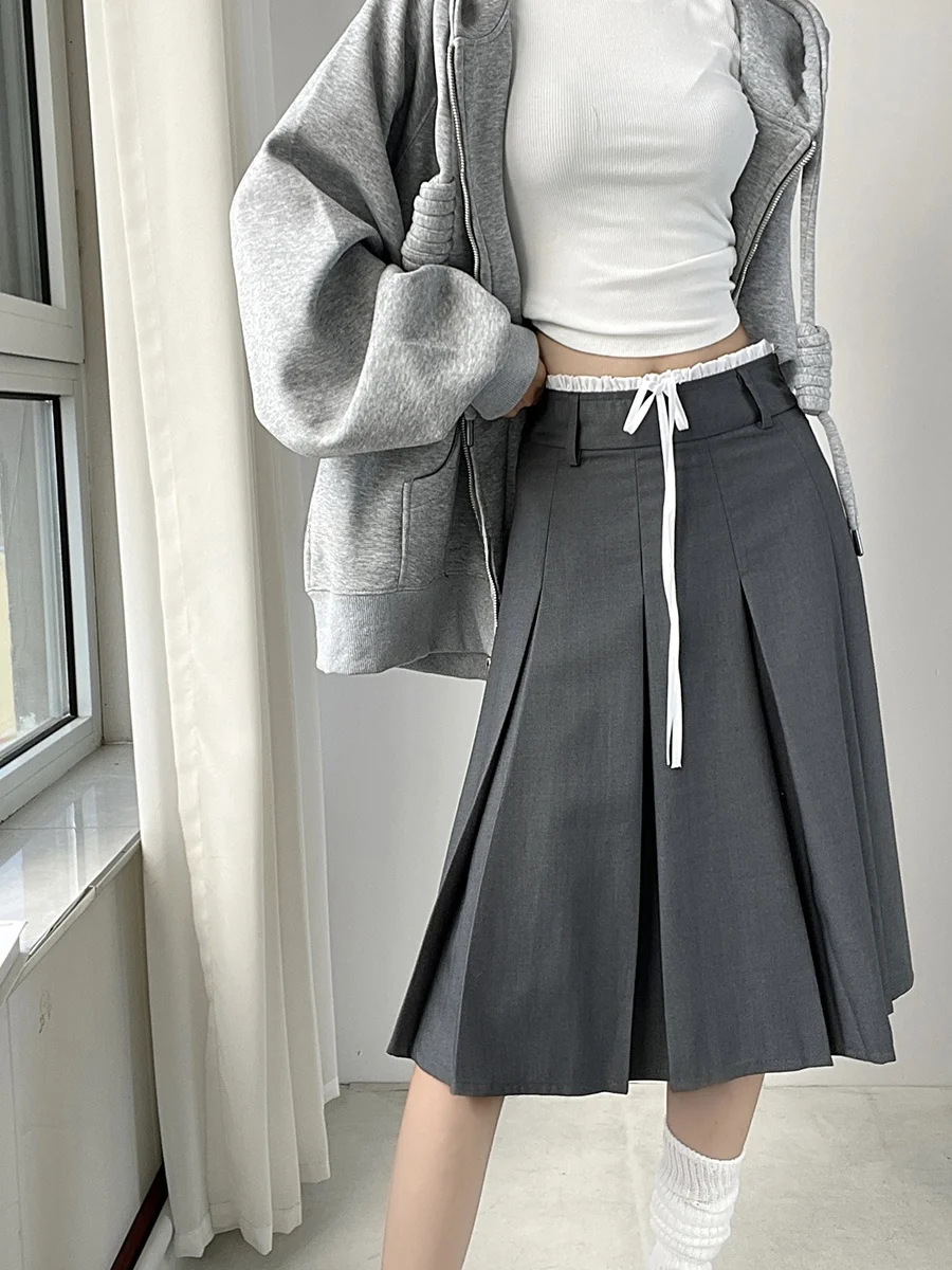 

Casual Sle f-length Skirt with Dstring A-line Pleated Women's Spring Autumn New Sle Midi Skirt Slimming Effect