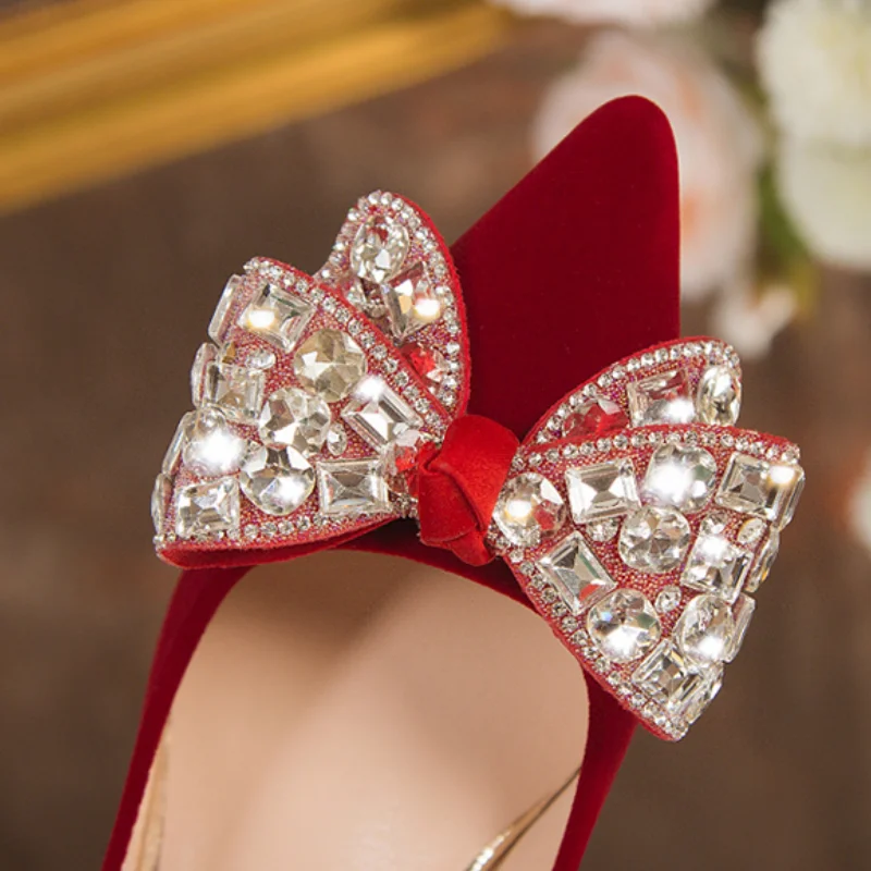 Rimocy Red Bling Big Crystal Pumps Women Bowtie Flock Thin Heeled Wedding Party Shoes Woman Shiny Rhinestones High Heels Shoes