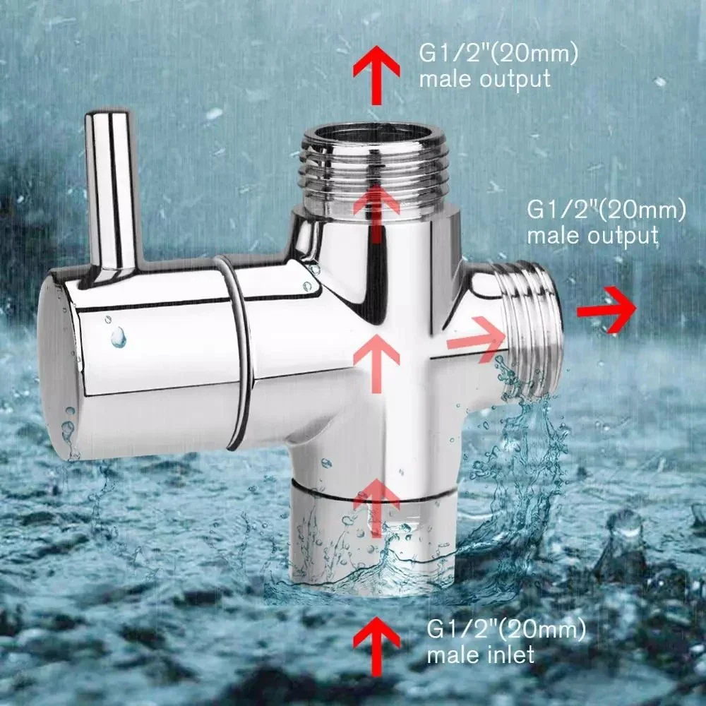 G1/2in 3 Way Brass Diverter Valve T Adapter Converter Chrome For Shower Head Diverter Valve Three-way Water Distribution Valve