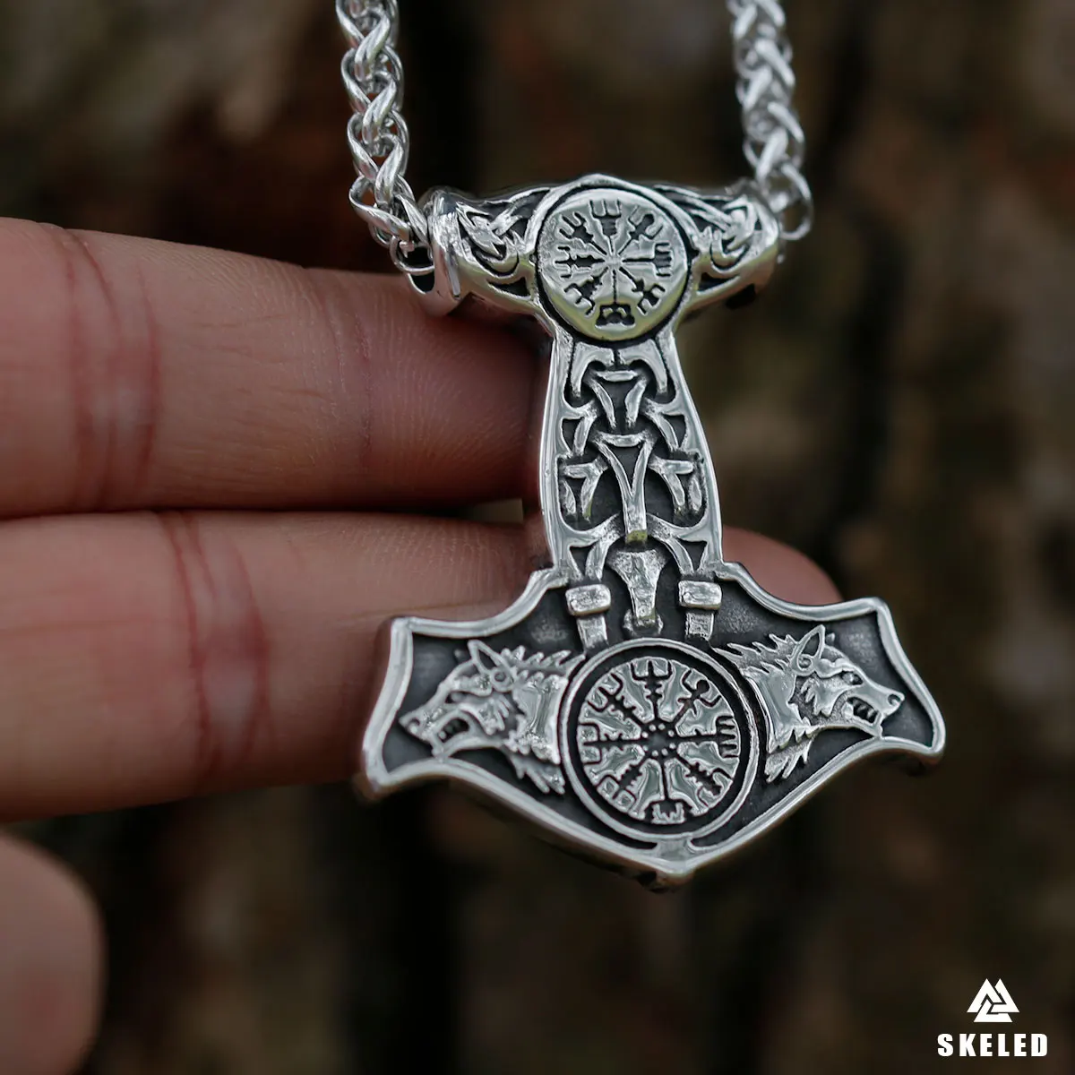 Stainless Steel Double-sided Compass Wolf Viking Thor Hammer Pendant Necklace Men\'s Amulet Nordic Retro Trend Rune Jewelry