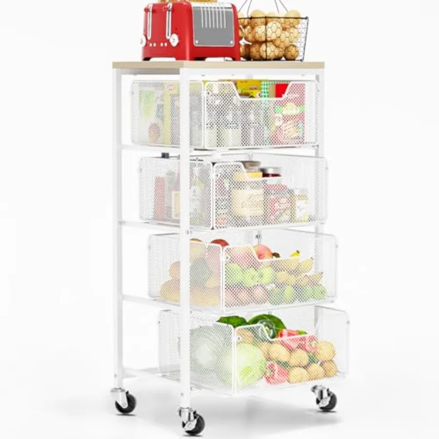 

Kitchen Cart with Drawers 4 Tier Metal Rolling Utility Cart Organizer on Lockable Wheels with Wooden Top White Fruit Vegetable