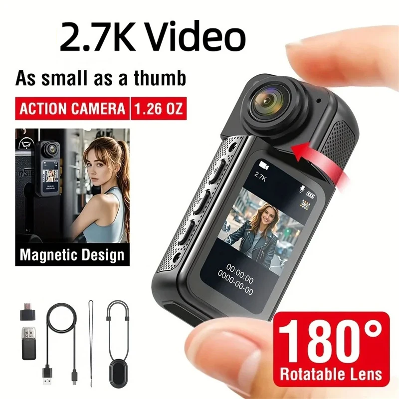 

Finger Size Mini Recorder 2.7K Halterneck Sports Action Camera Rotate With Magnetic Belt 1.47" IPS Screen Bicycle Vlog Pet Cam