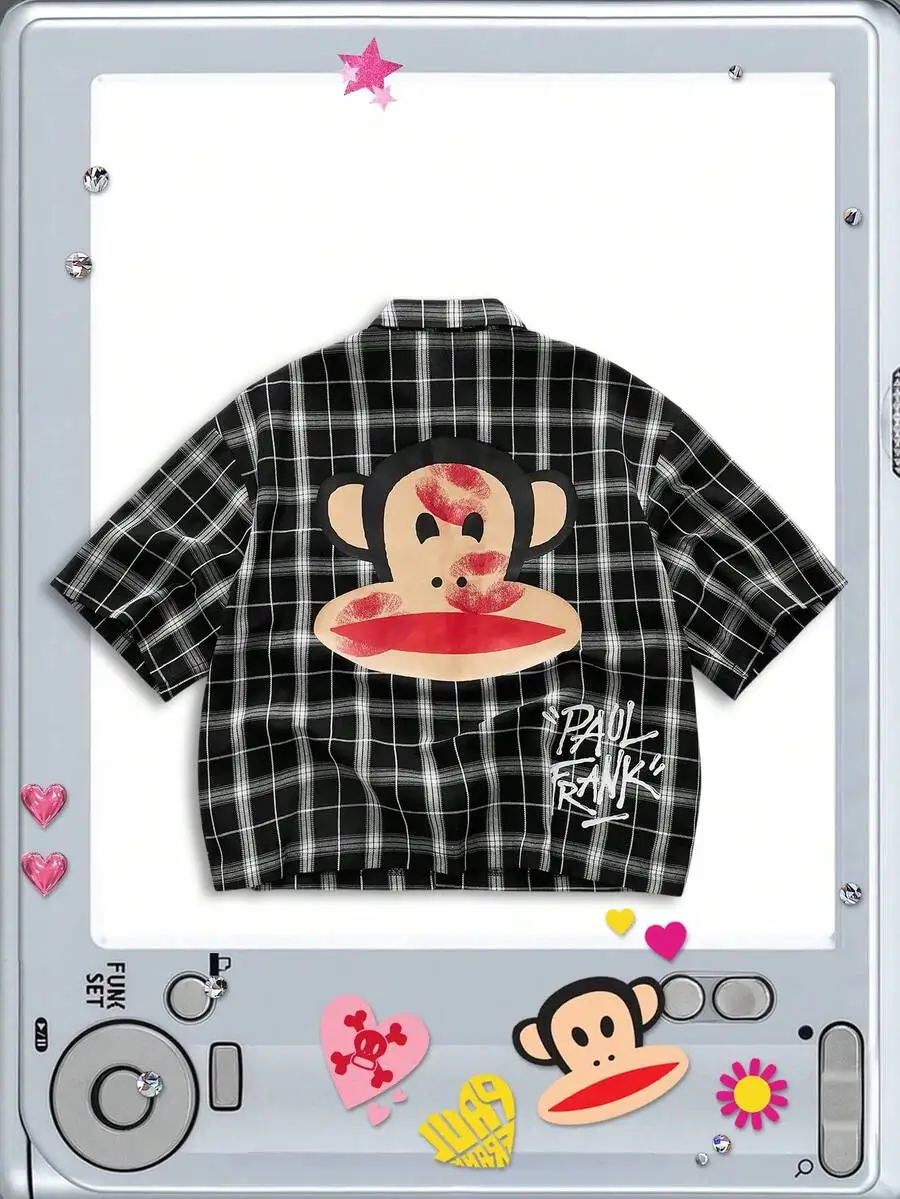 

Men's Loose Fit Plaid Shirt with Graphic Print, Short Sleeve, Casual Street Style