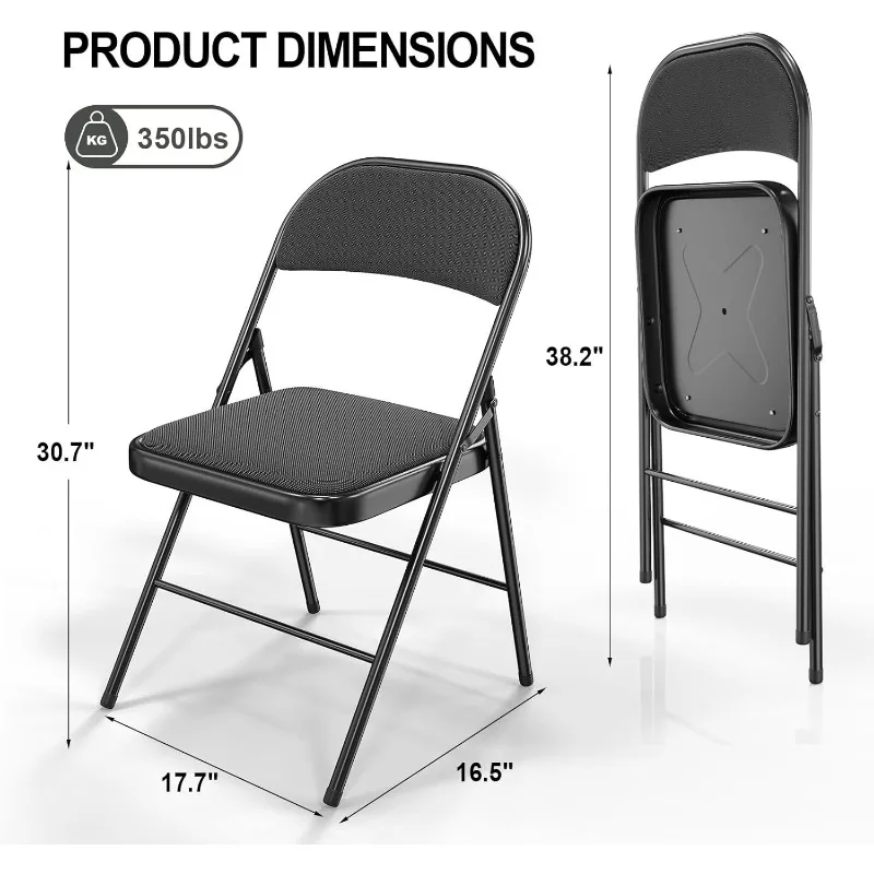 Sillas plegables con asientos acolchados, estructura de metal con asiento y respaldo de tela, capacidad de 350 libras, negro, juego de 6