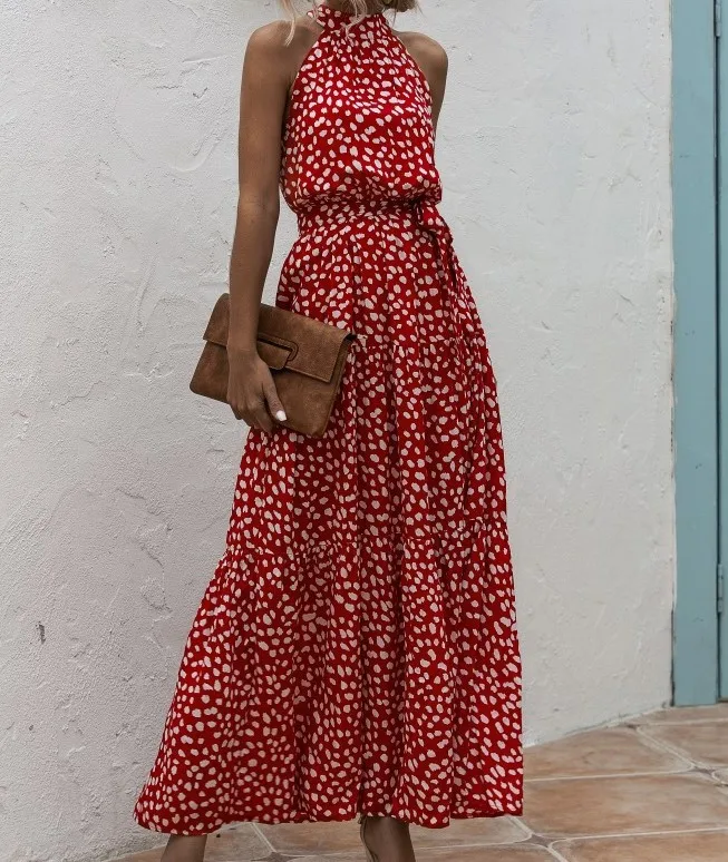 Abito lungo Boho da donna con stampa floreale Abiti da festa retrò Abito maxi vintage estivo senza maniche con lacci e spalle scoperte