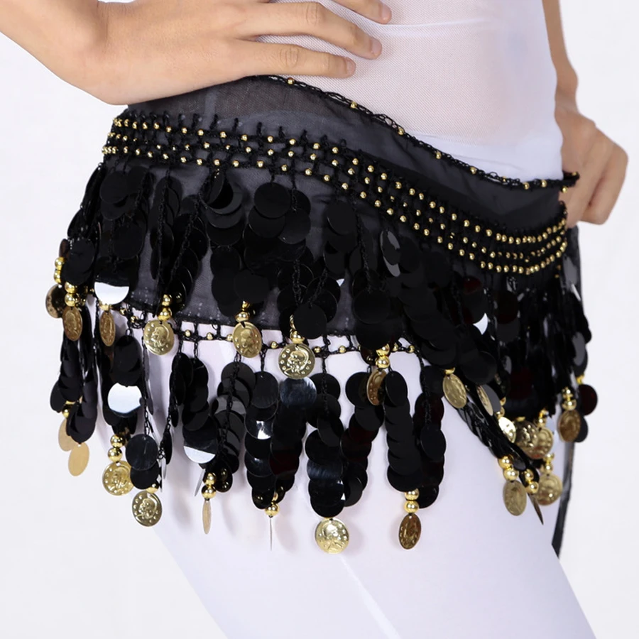 Lila Pailletten-Hüfttuch für den Bauchtanz mit goldenen Münzen, glänzender Fransen und elastischem Bund, geeignet für Tanzaufführungen und Workouts. – Detail 16
