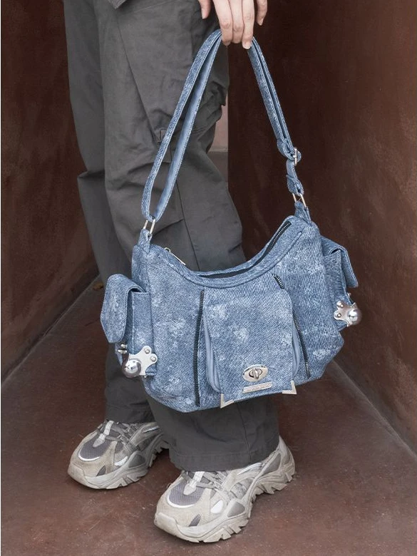 

Niche Design Denim Blue Vintage Crossbody Bags Casual Commuter All-match Handbag Large Capacity Design Fashion Shoulder Bag