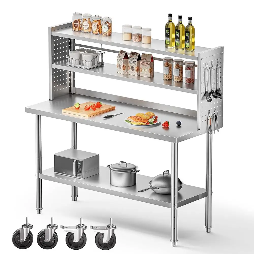 

Heavy-Duty Stainless Steel Kitchen Prep Table with Adjustable Shelf, Pegboard Panels, and Casters for Commercial Use