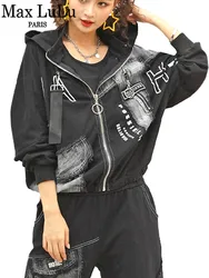 Max LuLu Womens Fashion Letter Black Punk Jackets 2024 Spring Korean Style Denim Hooded Design Loose Coats Casual Gothic Clothes