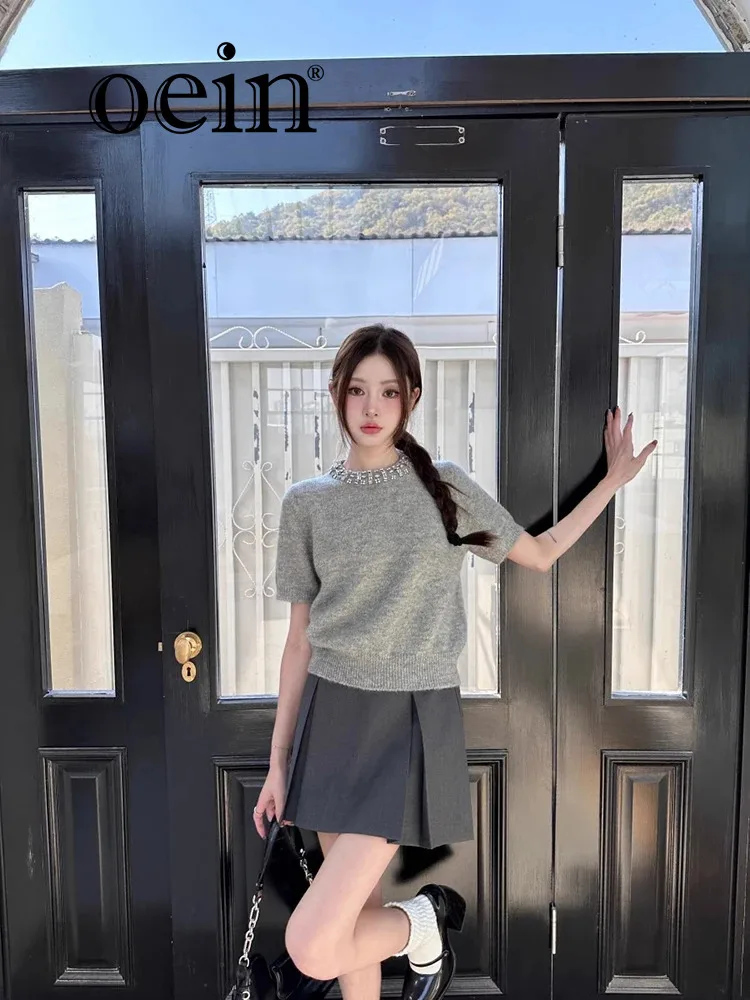 [oein]  Spring MIU Strap Up Diamond Sweater Short Sleeve Mohair Knitted Sweater