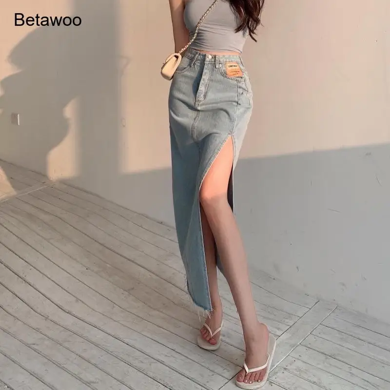 

Women Light Wash Denim Maxi Skirt High Waist Side Slit Bodycon Casual Summer Jean Skirt