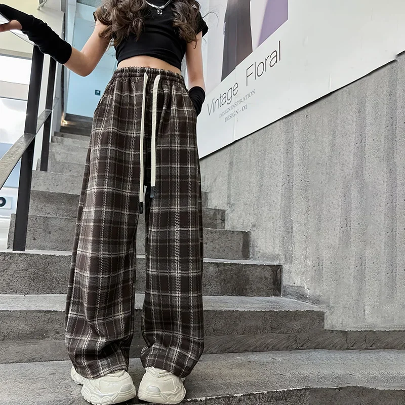 Teenage Girls Plaid Pants Spring Autumn Casual Loose Straight Drawstring Child Fashion Sweatpants for Kids