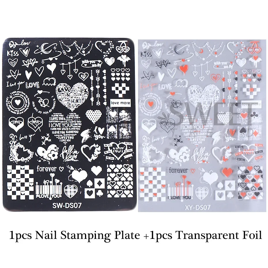 Cartoon Love Heart Nail Art Stamping Plate Drawing Template Plaid Letter Star Moon Valentine 3D Image Stencil Mold Printing Tool