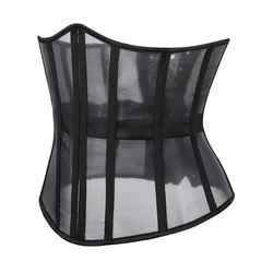 Women Sexy Sheer Mesh Underbust Corset Vintage Lace Up Cupless Bustier Top