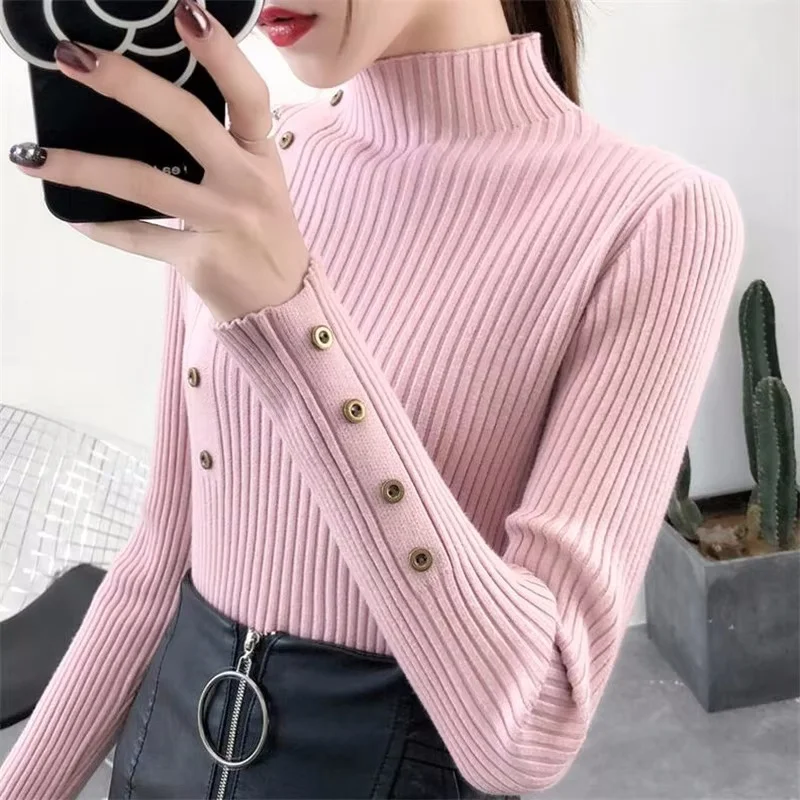 2024 Autumn Knitted Slim Women Sweaters Solid Female Cotton Soft Elastic Color Pullovers Button Full Sleeve Turtleneck Knitwear