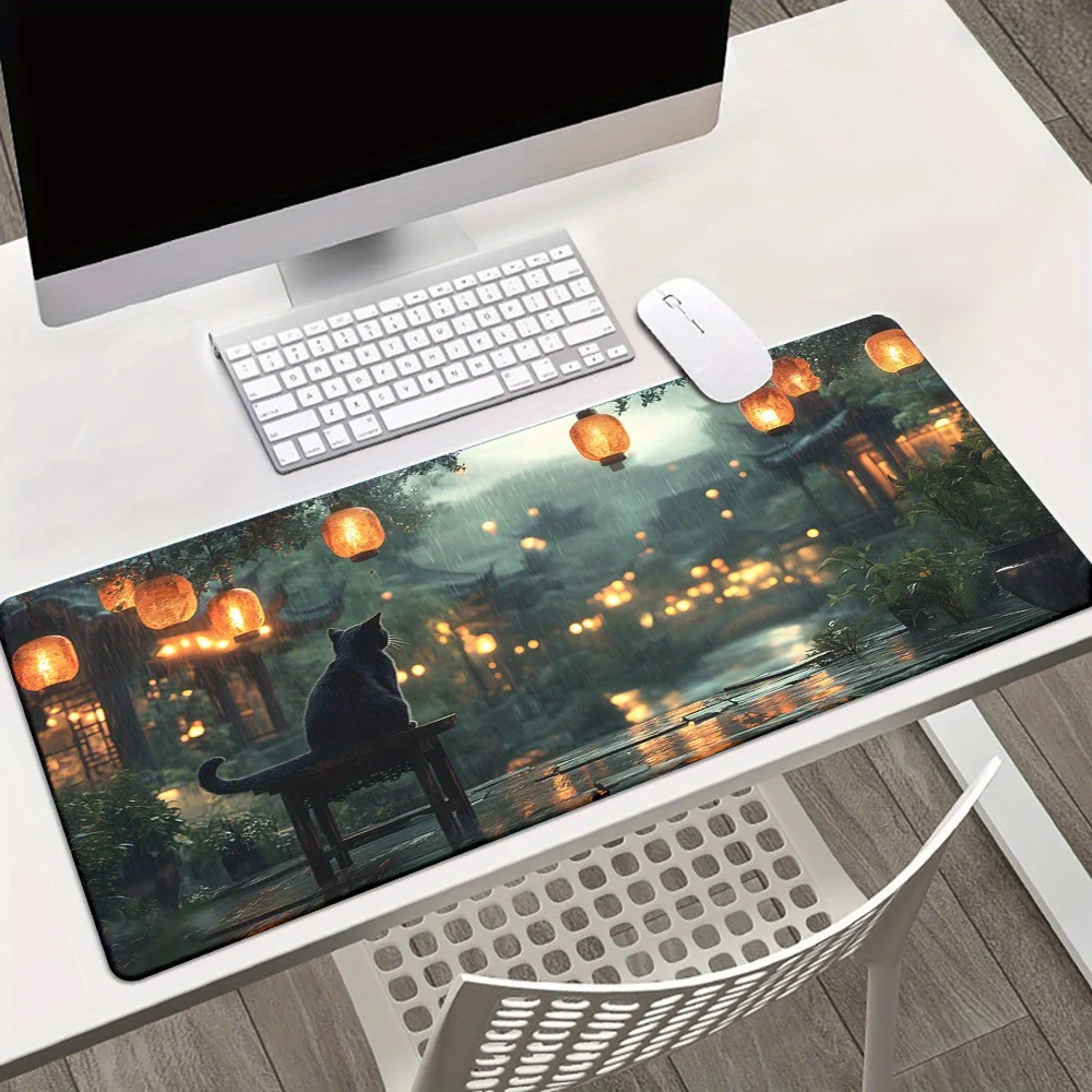 قطعة واحدة من وسادة مطبوعة عالية الدقة على شكل قطة سوداء ممطرة للمكتب، لوحة ماوس XXL متعددة الوظائف، سجادات ماوس ألعاب لوحة المفاتيح، Computjava المكتبية