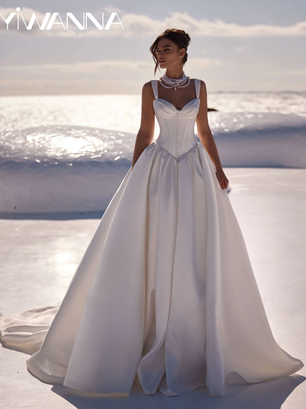 

New Graceful A-line Satin Long Wedding Dress Romantic Sweetheart Neck Bridal Gown Customized Tank Sleeve Dresses For Bride