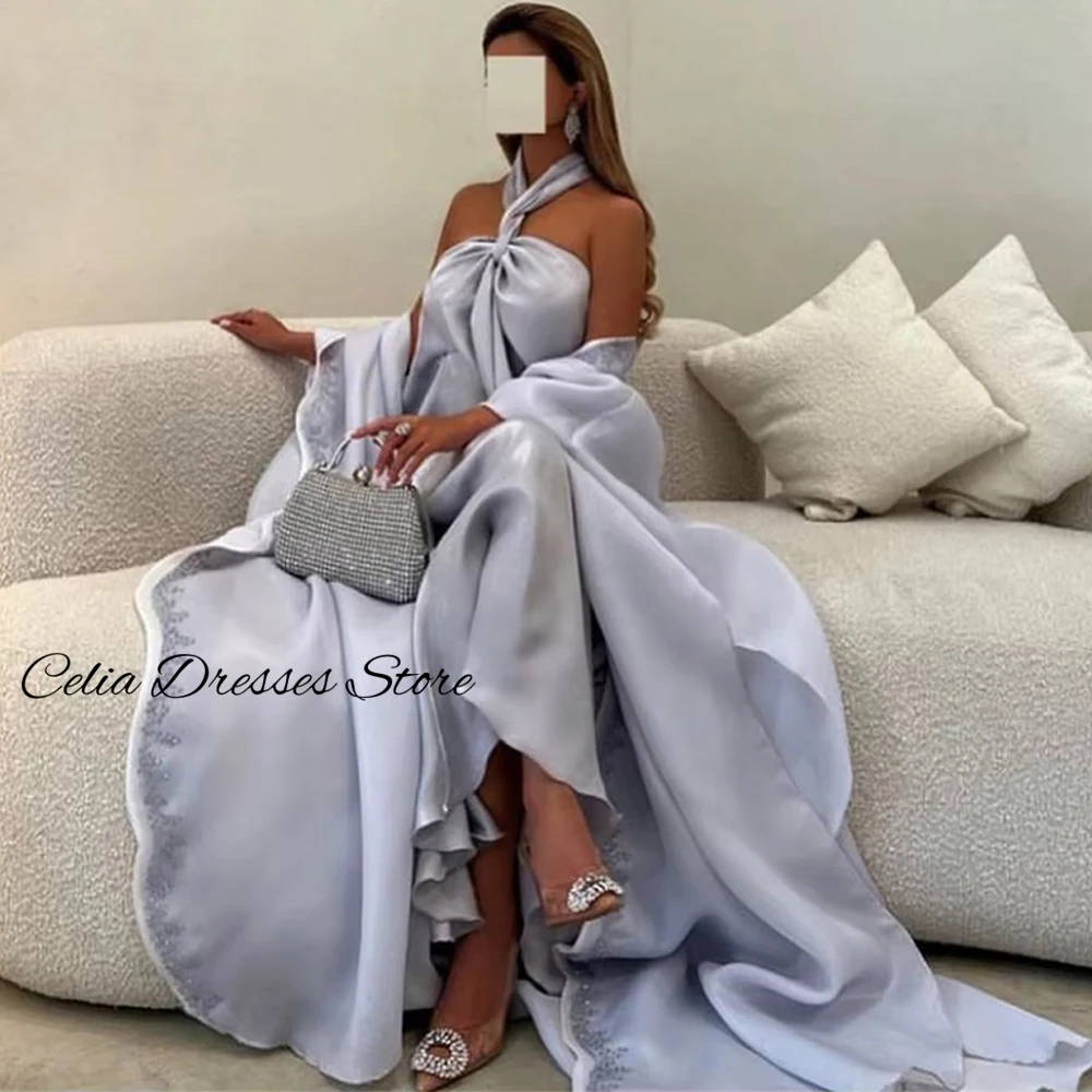 Soft Light Purple Organza Evening Dress Customized Halter Shawl Homecoming Dresses Sparkly Crystal Special Occasion Gowns