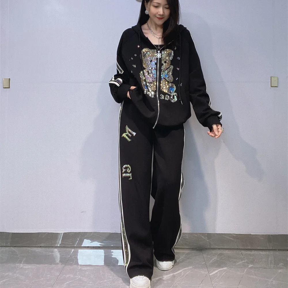 Oversized 2 Piece Sets Womens Outfits Bear Diamonds Autumn Black Tracksuit Casual Loose Hooded Zipper Cardigan Top and Pant Suit